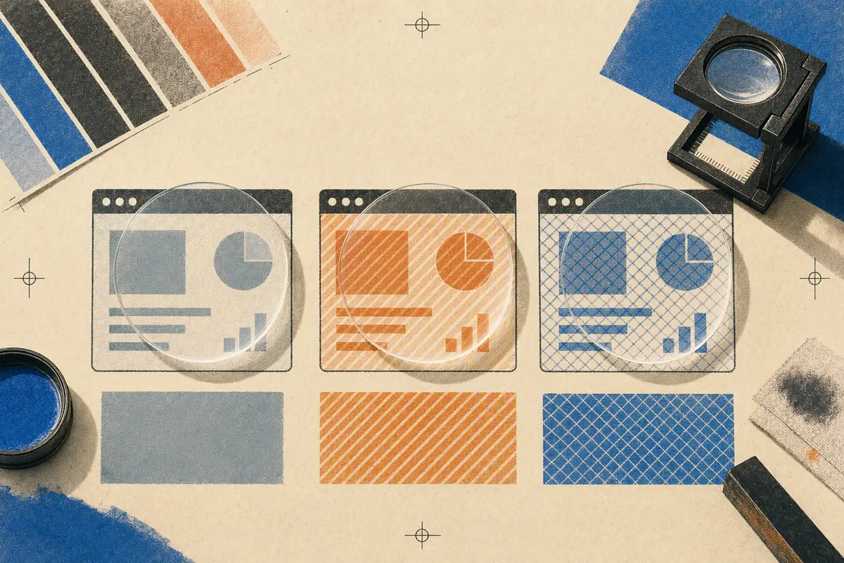 Halftone print inspector's bench showing three dashboard tiles distinguished by plain, striped, and crosshatched acetate lenses
